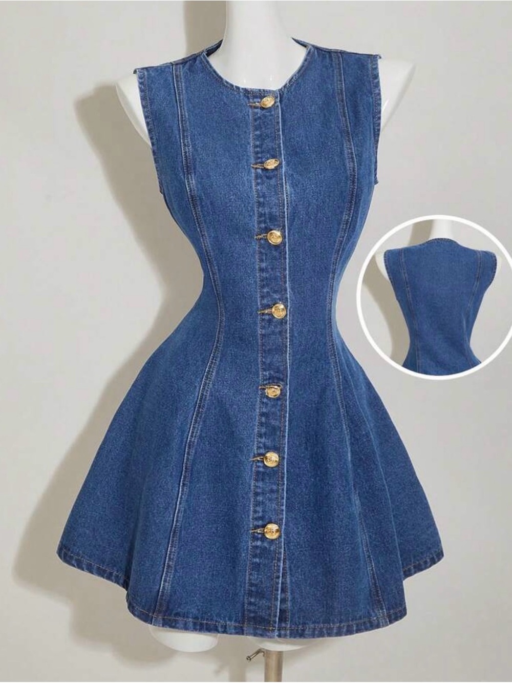 Sleeveless Blue Denim Button-Front Dress
